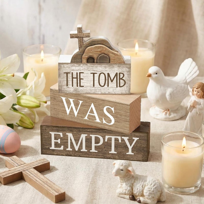 Lineshading 4 Pcs Easter Table Decorations Cross Wooden Sign Easter Religious Centerpieces Rustic Tomb Tiered Tray Decor Decorative Faux Book Stack Block Farmhouse for Home Kitchen Shelf - Image 2